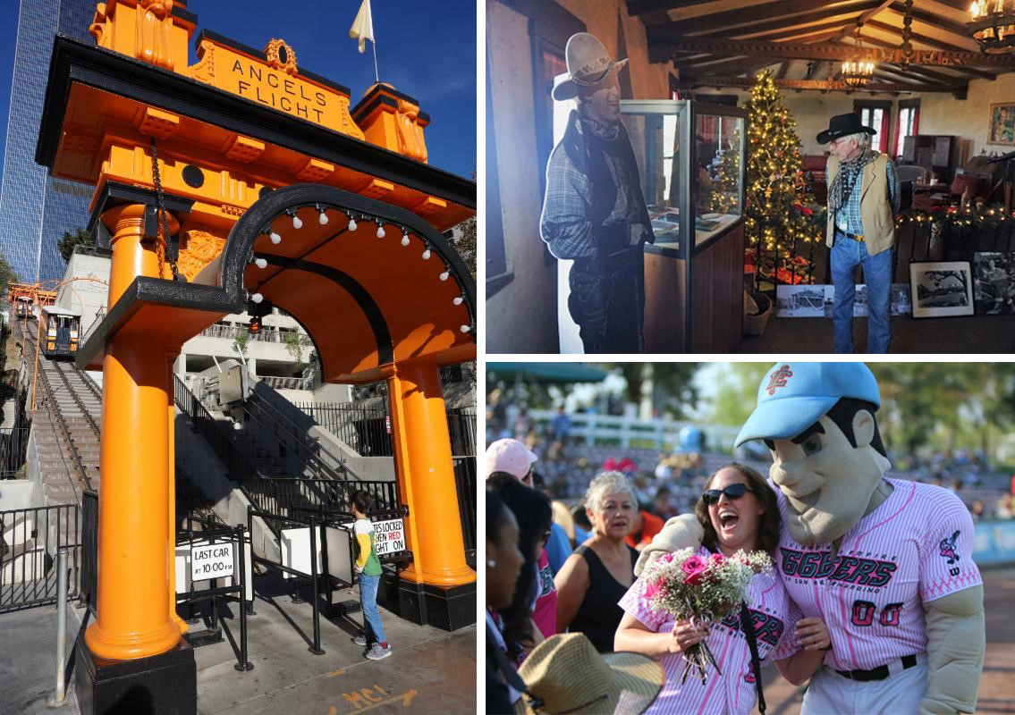 Picture of Angels Flight, Inland Empire 66ers Mascot and John Wayne in Newhall museum
