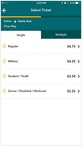 Metrolink App Select Ticket Screen